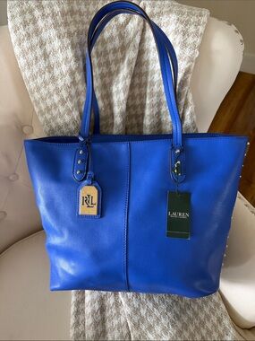 Lauren Ralph Lauren Blue Leather Tote Bag Vintage. NWT